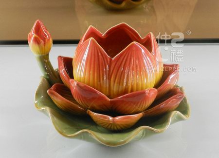 红绿窑变釉莲花座烛台,ZLSS-18