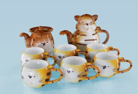 透明釉小猫造型10头茶具组